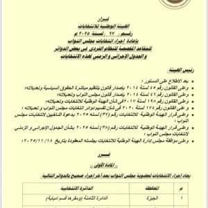 قرار الهيئة الوطنية للانتخابات بشأن اعادة الانتخابات في ﺑﻌﺾ الدوائر ﻓﻰ النظام الفردي بانتخابات مجلس النواب وذلك يومي ١ و٢ ديسمبر ٢٠٢٥.